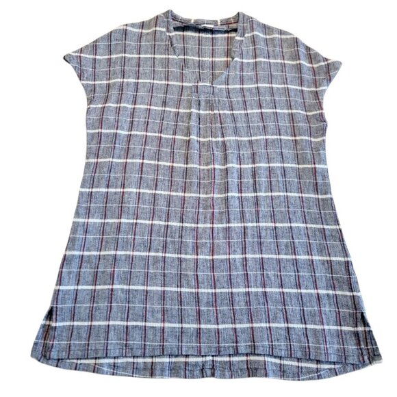 POETRY Dress Linen Blend MIDI Shirt U.S. 2 Lagenlook Relaxed Fit Plaid - Picture 1 of 10